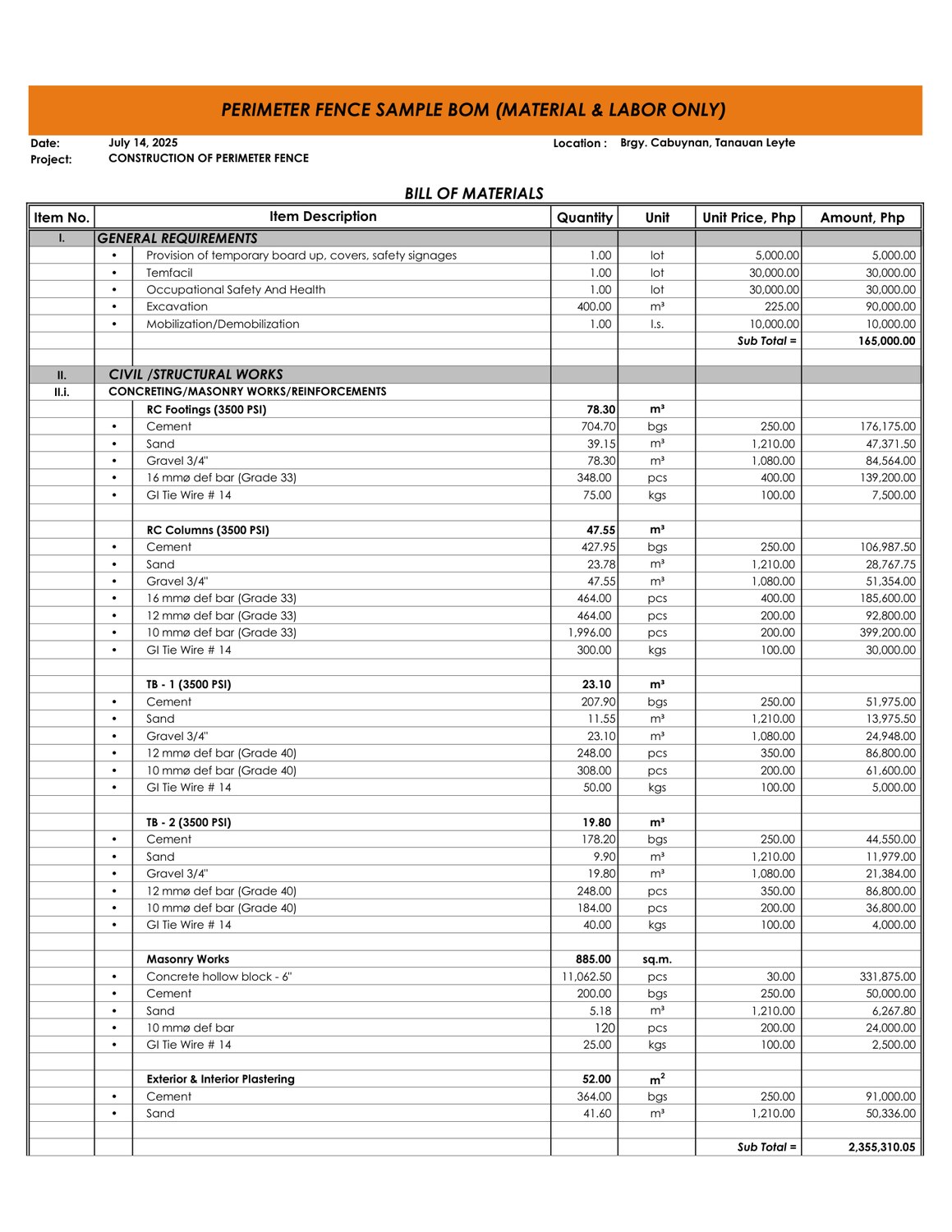 Bill of materials spreadsheet showing quantities, unit prices, and amounts